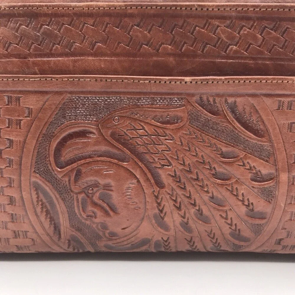Vintage 60s Artisan Hand Tooled Carved Leather Rose & Indian Shoulder Bag Mexico